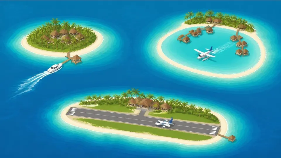 Illustration of three resort islands reached by speedboat, seaplane and small plane