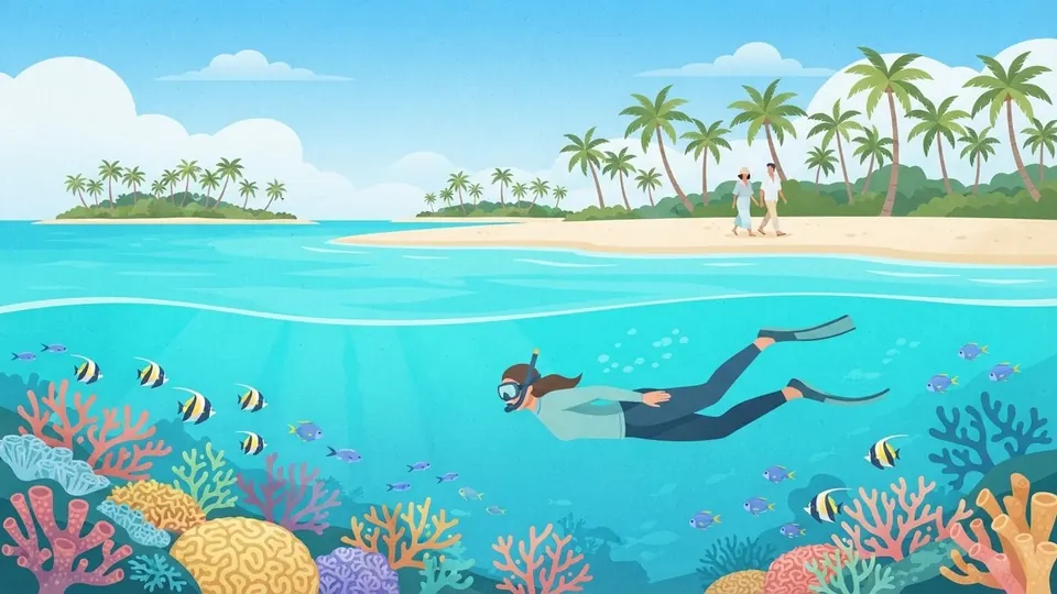 Illustration of a snorkeller swimming over a colourful house reef just off a palm-fringed beach