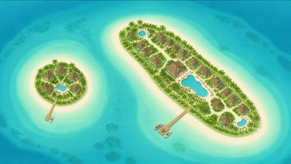 Illustration comparing a tiny round palm island with a larger resort island from above