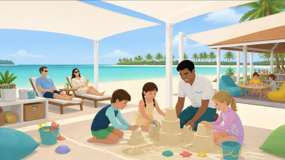 Illustration of children playing at a beach kids’ club with a Maldivian staff member in uniform