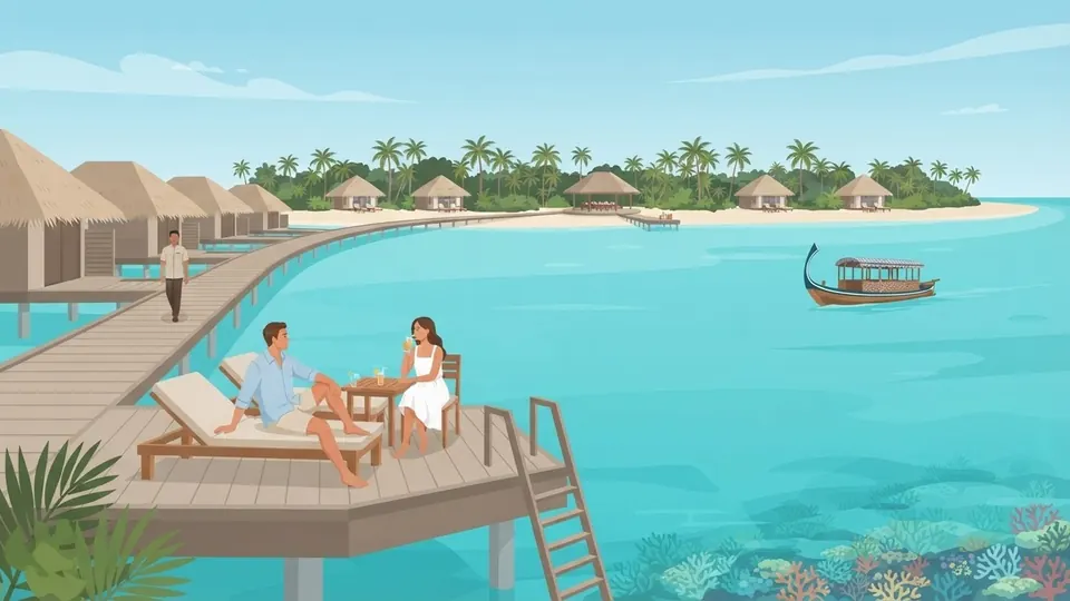 Illustration of a couple relaxing on an overwater villa deck, with beach villas among the palms behind