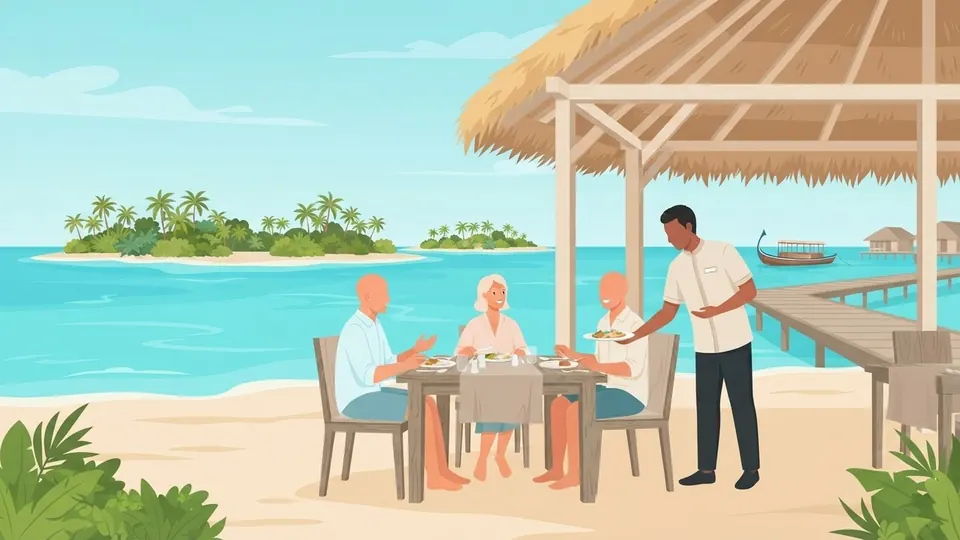 Illustration of guests dining at a beachside restaurant while a waiter in uniform serves them