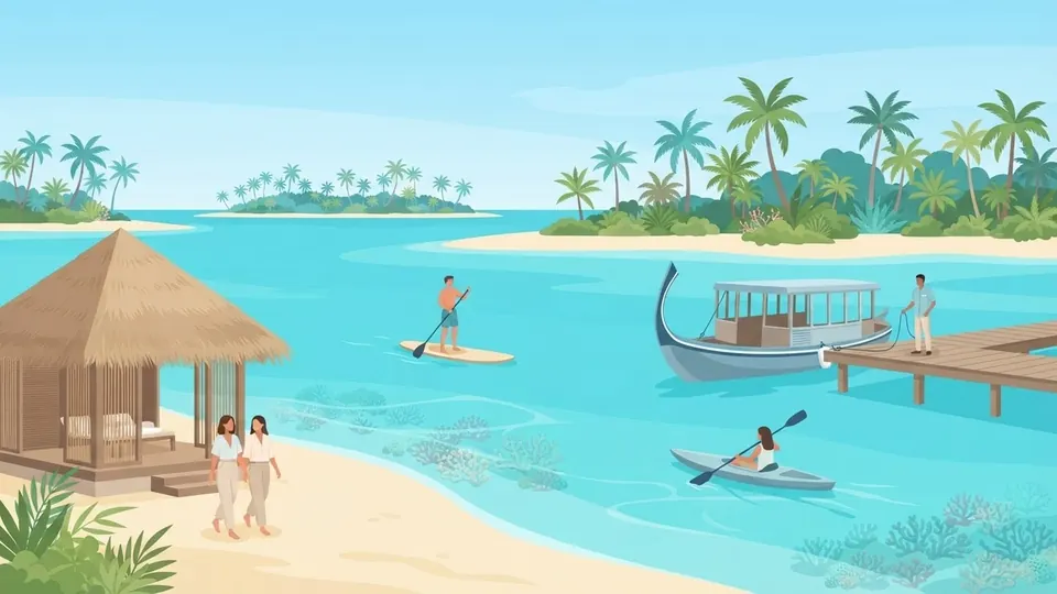 Illustration of a spa pavilion, a paddleboarder, a kayak and a dhoni boat at a resort