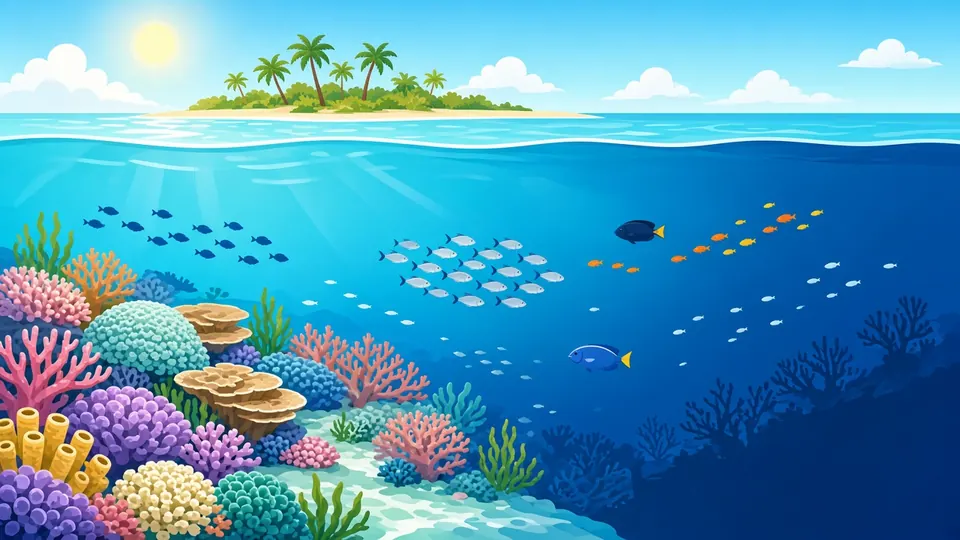 A colourful coral reef sloping into blue water below a low palm island, with schools of small fish