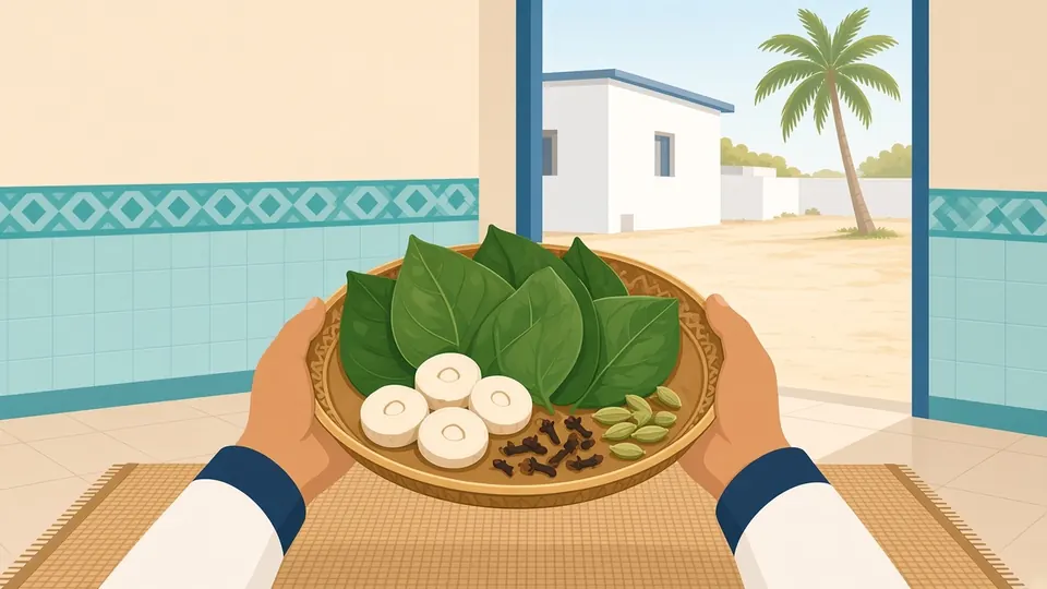 Hands holding a tray of fresh betel leaves, sliced areca nut and spices in a simple Maldivian home