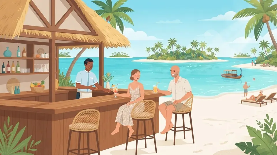 Illustration of a couple enjoying drinks at a resort beach bar served by a bartender in uniform