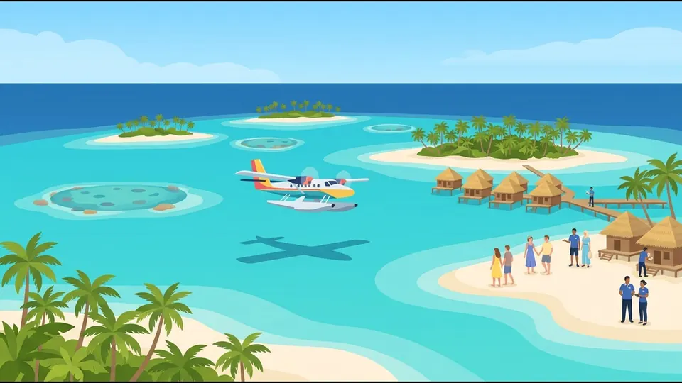 サンゴ礁と小さなヤシの島々の上を飛ぶ水上飛行機のイラスト