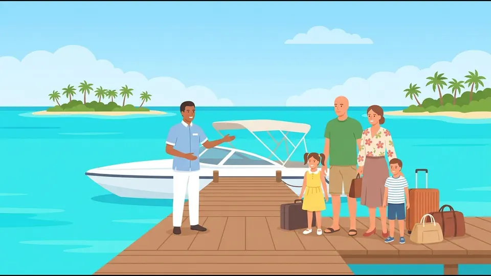 Illustration of a resort representative in uniform welcoming a family beside a speedboat at the airport jetty