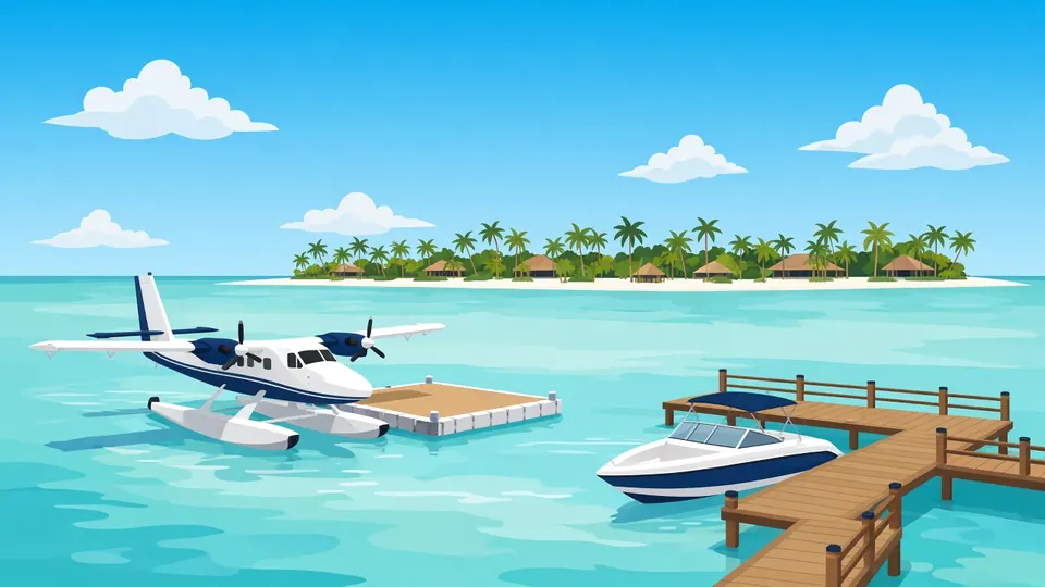 เครื่องบินทะเลจอดที่ท่าเทียบเรือลอยน้ำ และเรือสปีดโบ๊ทจอดที่สะพานไม้ในลากูนสีฟ้าเทอร์ควอยซ์ โดยมีเกาะรีสอร์ตที่เต็มไปด้วยต้นปาล์มอยู่ด้านหลัง