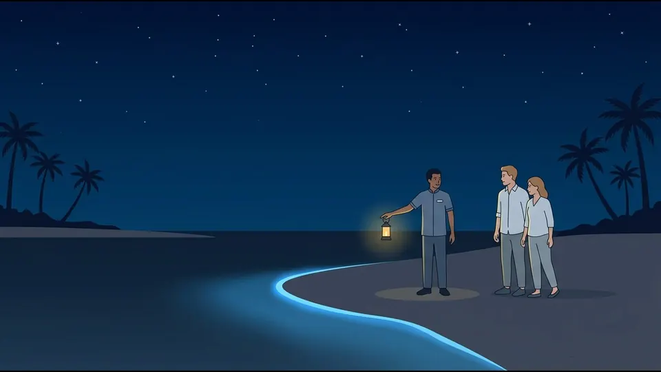 Illustration of a Maldivian staff member with a lantern pointing out the glowing blue waterline to two guests at night