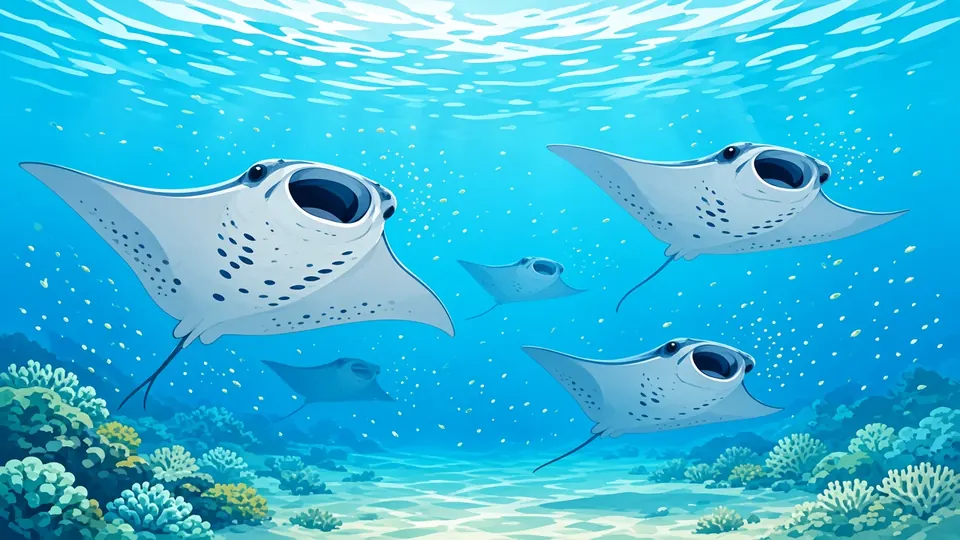 Several manta rays feeding with open mouths in plankton-rich blue water above a coral reef