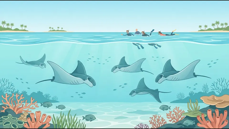 湾を泳ぐマンタと、それを水面から見守るシュノーケラーたちのイラスト