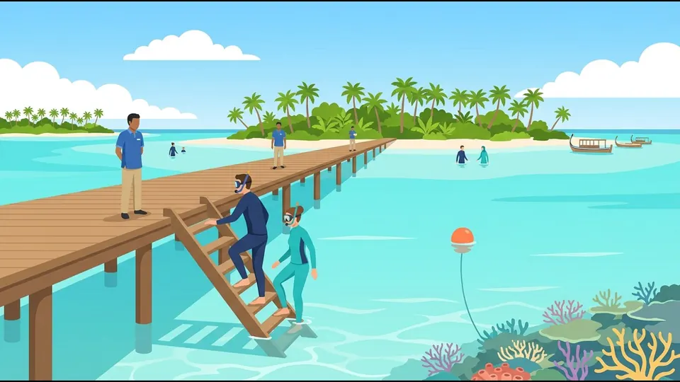 Illustration of two snorkellers climbing down a jetty ladder into clear water above the reef