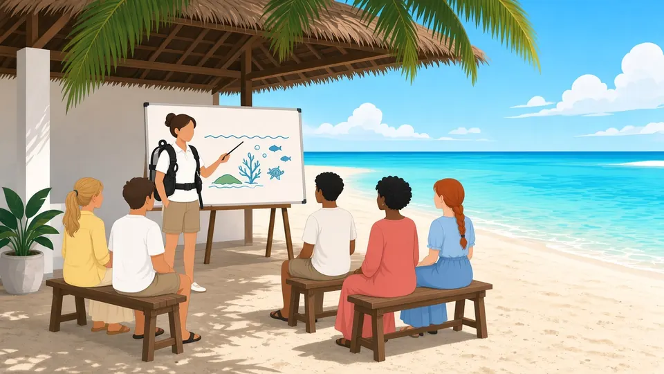 Un moniteur montre un schéma de récif sur un tableau blanc dans une salle de cours ombragée sur la plage, devant des clients assis sur des bancs