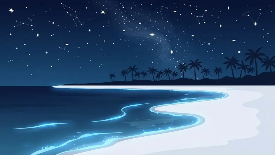 Illustration of gentle waves glowing electric blue along a white beach at night under a starry sky