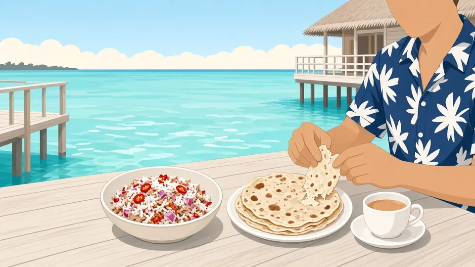 A guest tearing roshi flatbread beside a bowl of mas huni and a cup of tea on a deck overlooking the lagoon and overwater villas