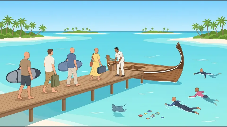 Illustration of guests carrying surfboard bags along a jetty to a waiting dhoni, helped by a staff member