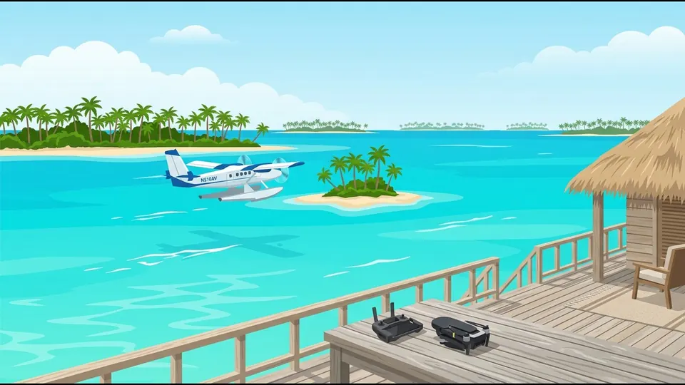 Ilustrace hydroplánu letícího nízko nad lagunou a dronu odloženého na terase vily