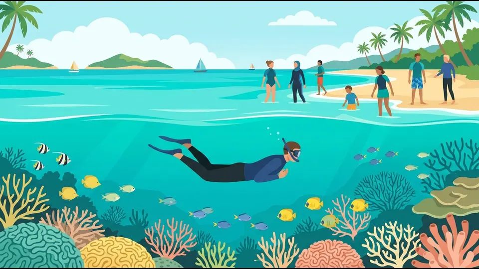 Illustration of a snorkeller floating calmly above the coral without touching it
