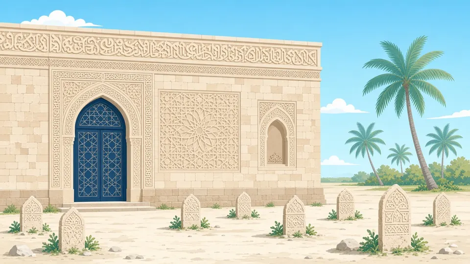 Eine alte Moschee aus Korallenstein mit kunstvoll geschnitzten Wänden und geschnitzten Grabsteinen aus Korallenstein zwischen Palmen