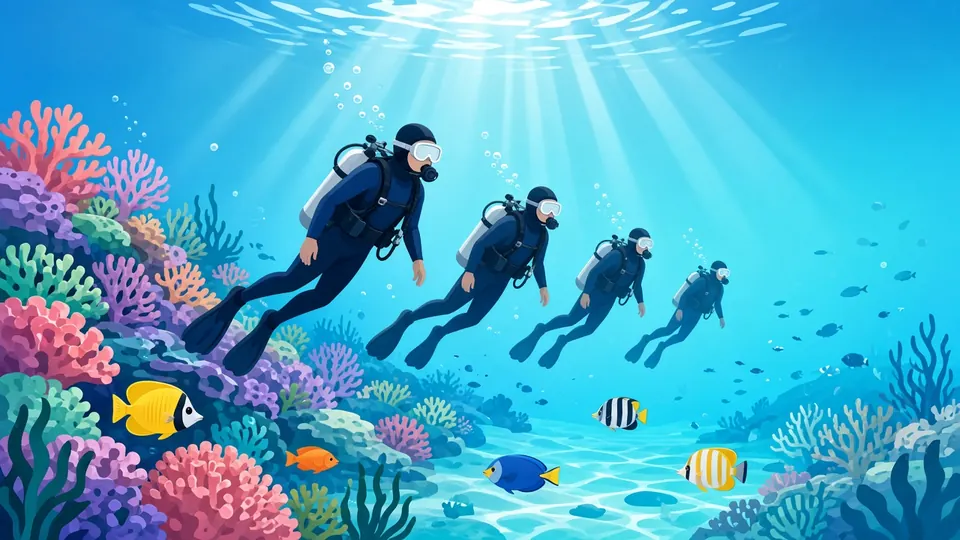 Un petit groupe de plongeurs en combinaison suit un moniteur le long d’un récif corallien coloré peuplé de poissons tropicaux