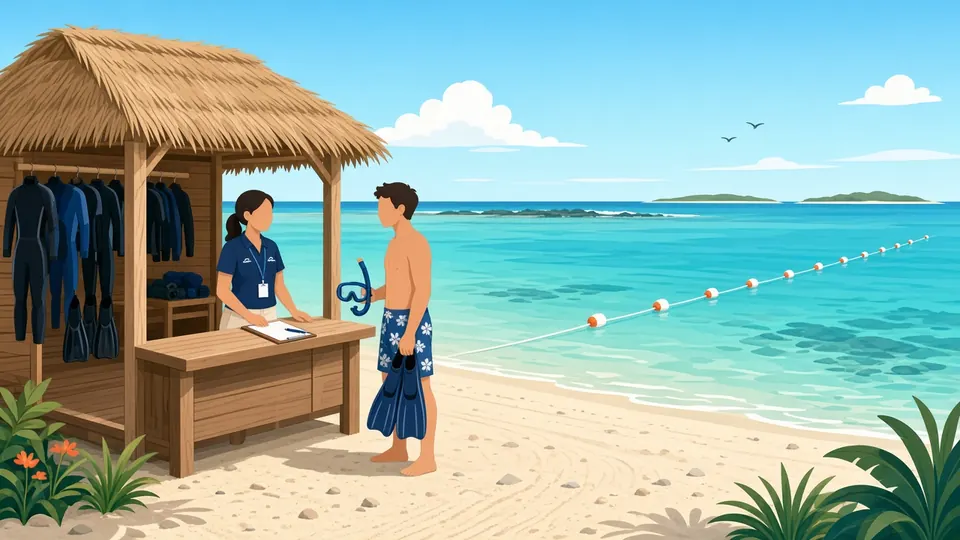 Ein Gast mit Flossen spricht mit einem Mitarbeiter an einer strohgedeckten Tauchhütte am Strand, dahinter ein mit Bojen markierter Schnorchelpfad