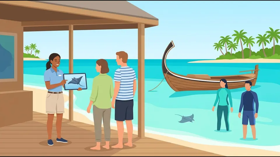 Illustration of a resort marine biologist showing guests a manta ray picture on a tablet