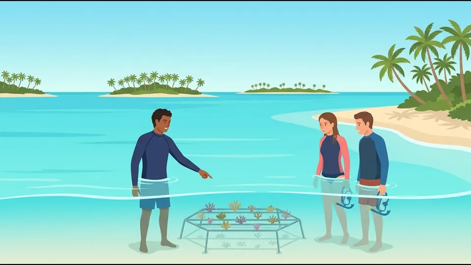 海洋生物学者が浅瀬のサンゴ育成場を2人のゲストに見せるイラスト