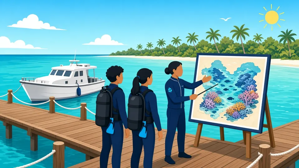 A dive instructor on a wooden jetty pointing at a reef map board for two divers in wetsuits, with a dive boat moored alongside