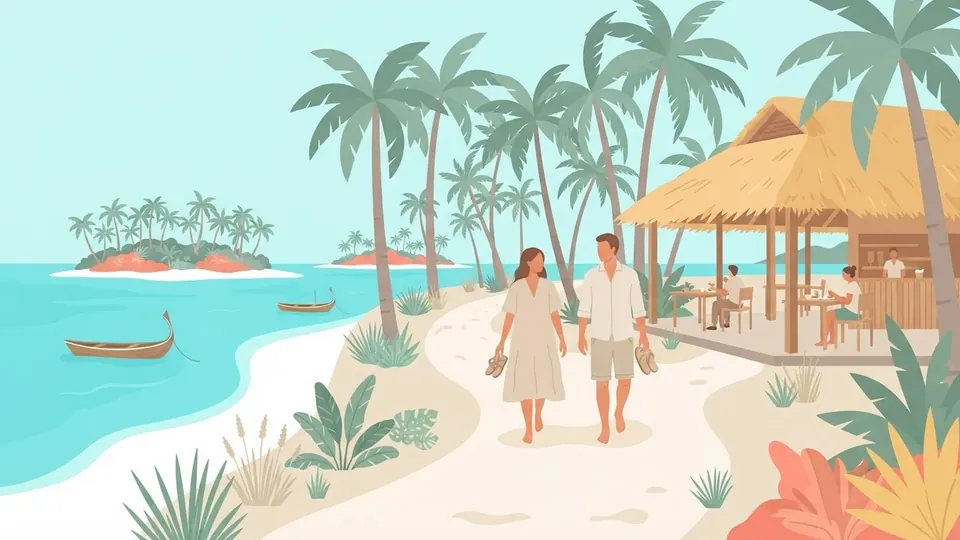 Illustration of a couple in a summer dress and linen clothes walking along a sandy path under palms