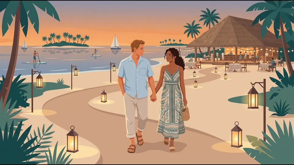 Illustration of a couple in smart casual evening clothes walking along a lantern-lit sand path to a restaurant
