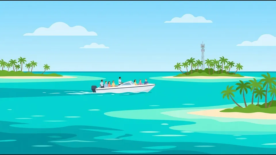 Illustration of a speedboat crossing open sea between two palm islands, one with a slim phone mast