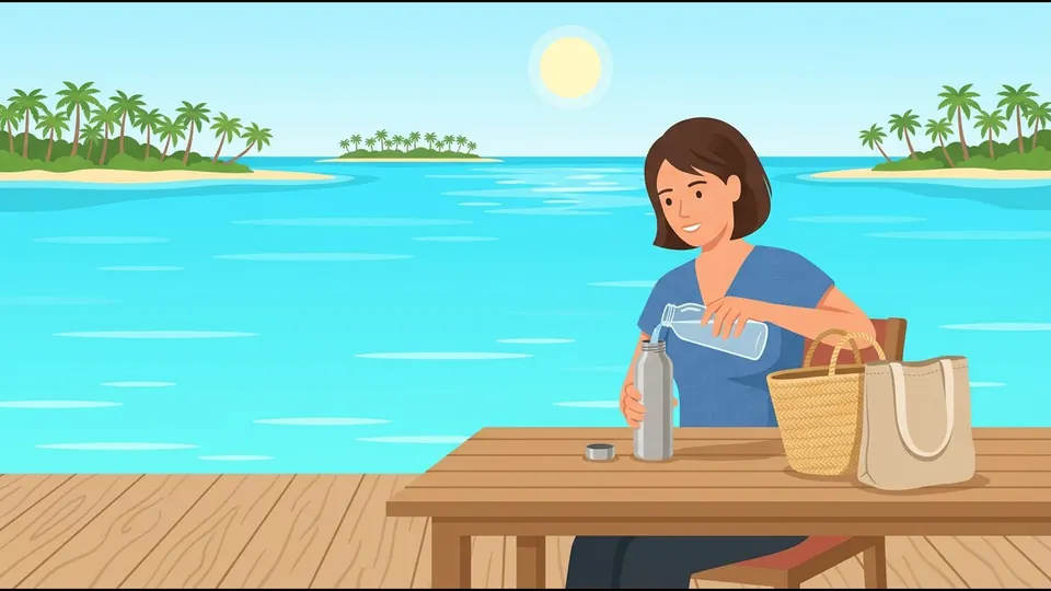 ヴィラのテーブルでガラス瓶からマイボトルに水を注ぐゲストのイラスト