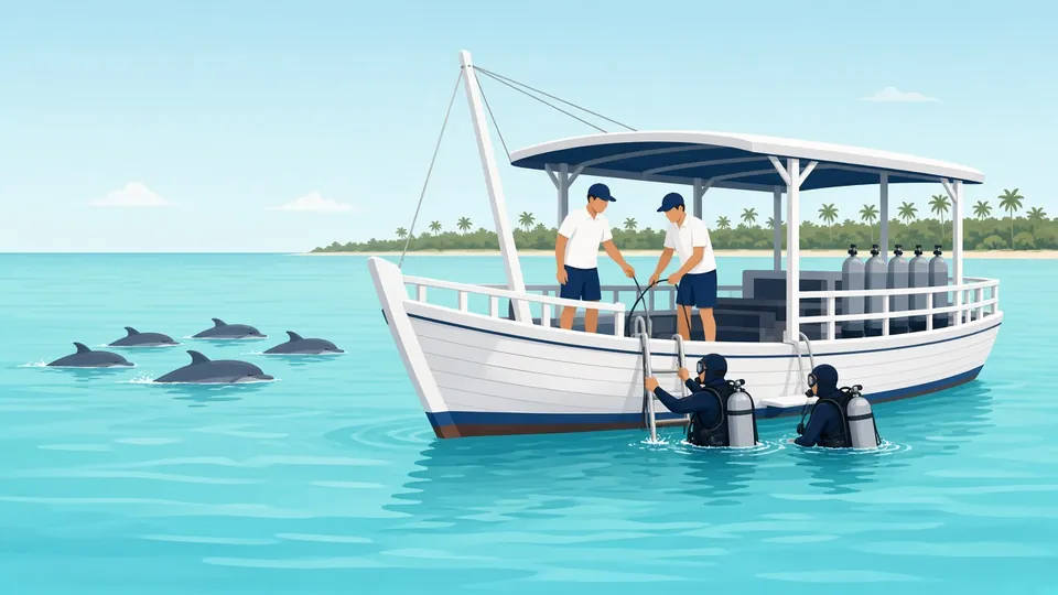 Un bateau de plongée blanc sur une eau turquoise calme ; l’équipage en uniforme aide deux plongeurs à l’échelle, et des dauphins nagent à proximité