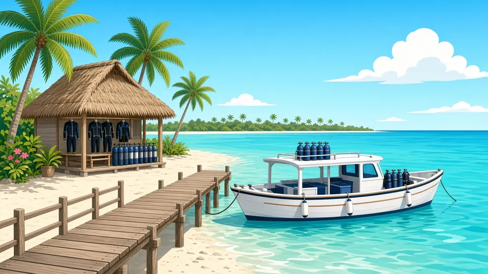 Illustration d’un centre de plongée de resort au toit de chaume à côté d’un ponton en bois, avec des bouteilles et des combinaisons à l’intérieur et un bateau de plongée blanc amarré dans un lagon turquoise