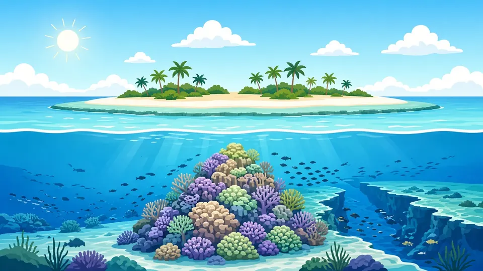 Split view of a low palm island and reef flat above the water, with a coral pinnacle rising from the blue and a channel cutting through the atoll edge below
