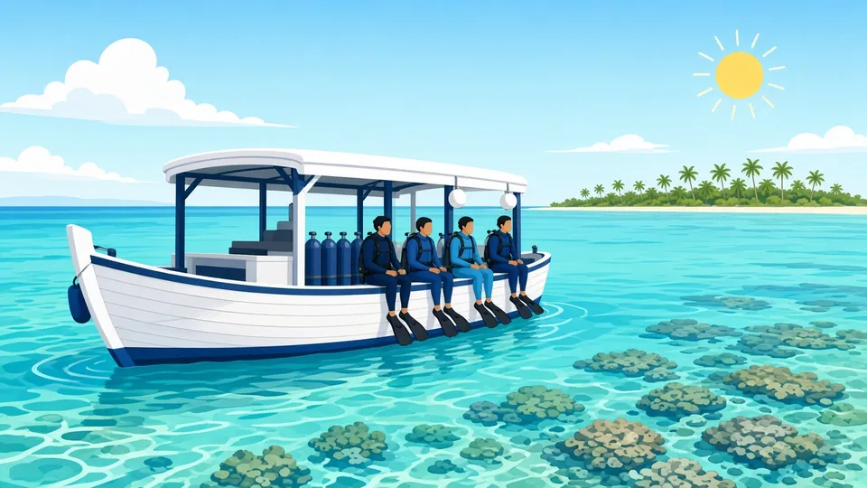 Illustration of a white dive boat with divers in wetsuits seated along its side, floating over a shallow turquoise reef near a low palm island
