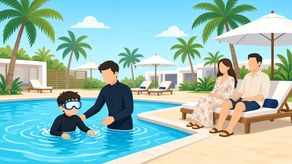 Un enfant en combinaison et masque apprend avec un moniteur dans la piscine du resort, sous le regard de ses deux parents installés sur un transat sous un parasol
