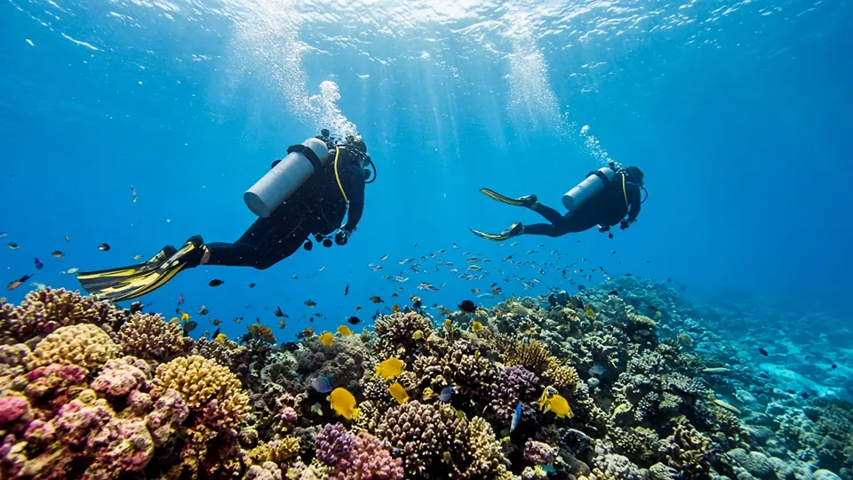 Two scuba divers swimming over a colourful coral reef with schools of tropical fish in clear blue water