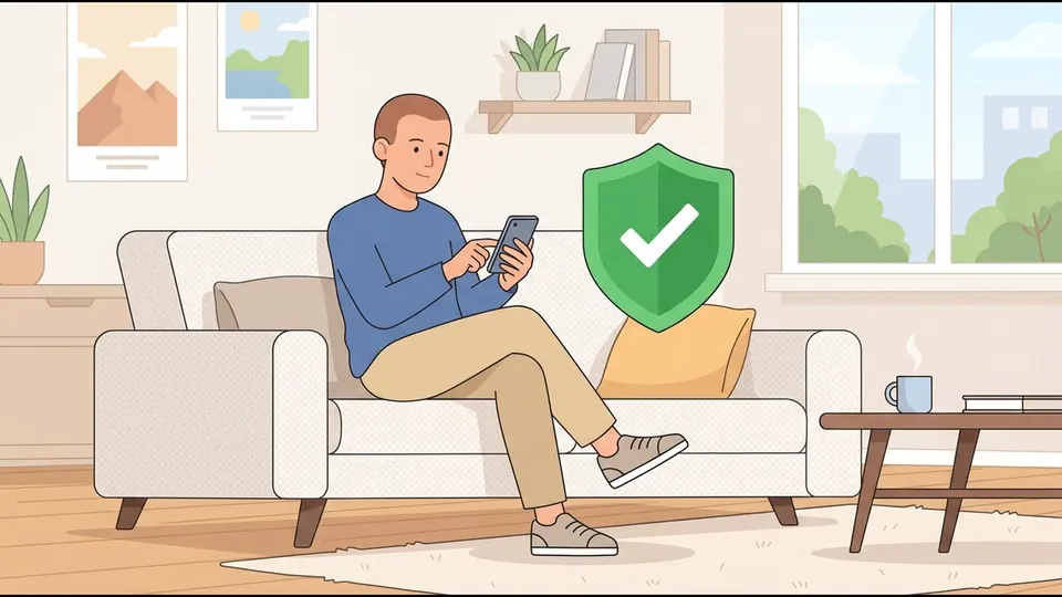 Illustration of a traveller checking a phone carefully, beside a green shield symbol