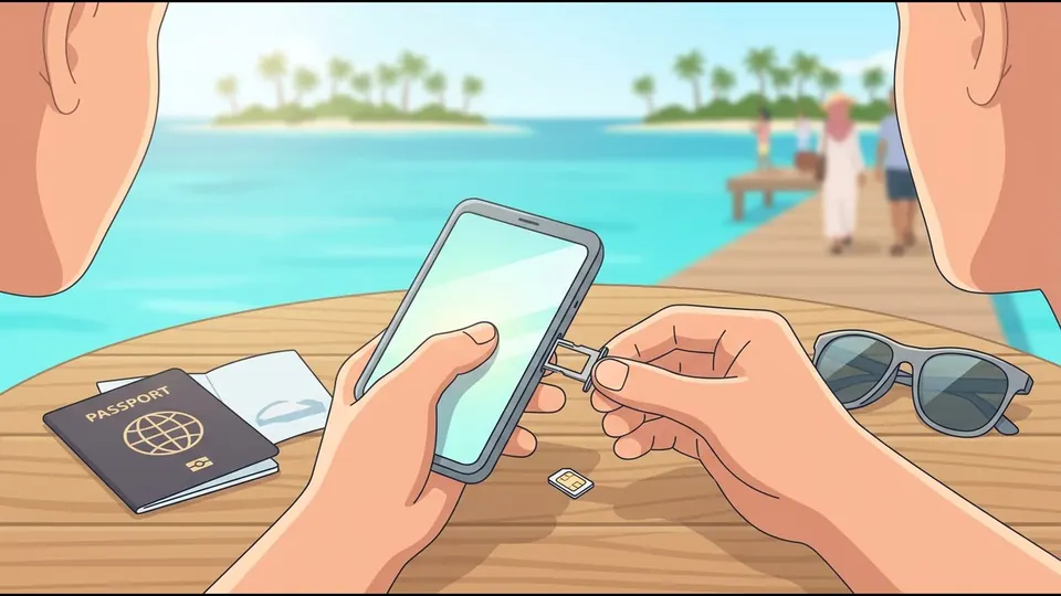 Illustration of a traveller fitting a SIM card into a smartphone, beside a passport on a table