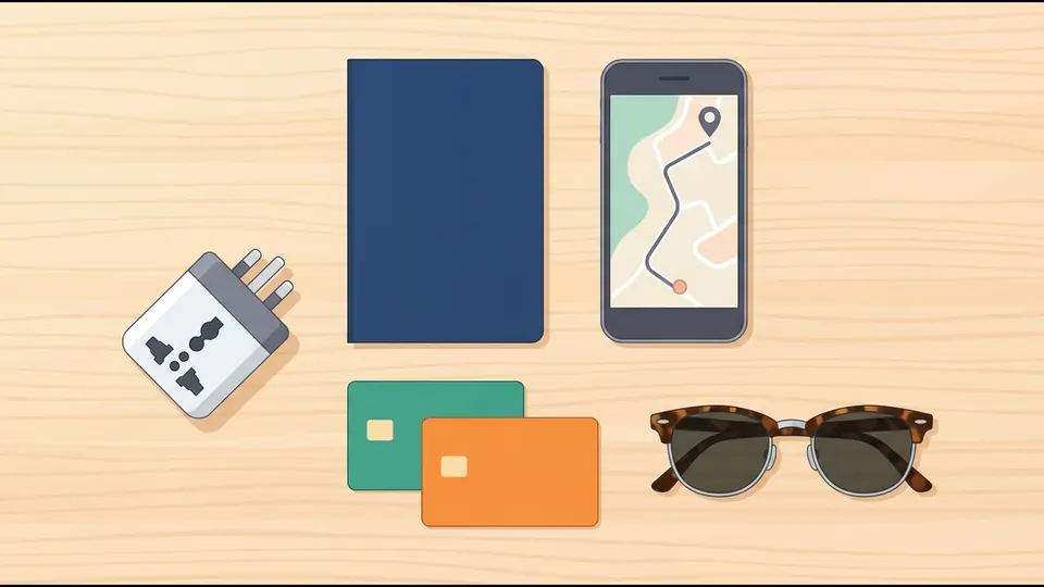 Illustration of a passport, phone, bank cards and a travel plug adapter laid out on a table