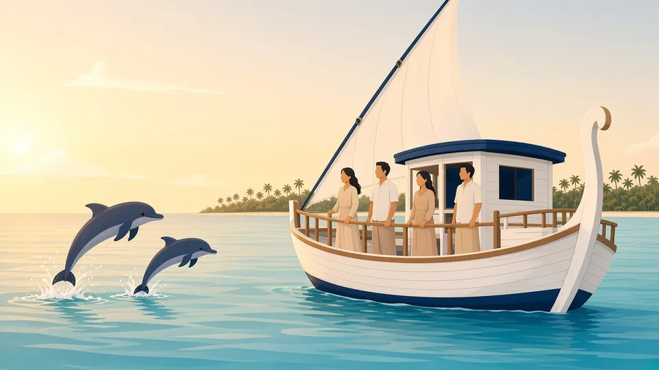 Two dolphins leaping in the evening light beside a traditional sailing boat, with guests watching from the deck
