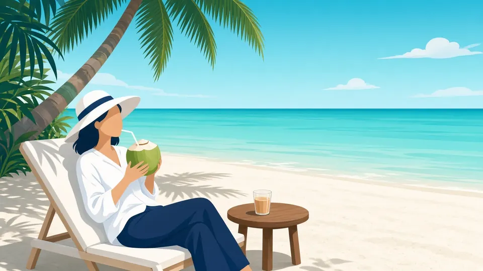 A guest in a sun hat drinking from a fresh young coconut on a beach lounger, with a glass of tea on a small table beside her