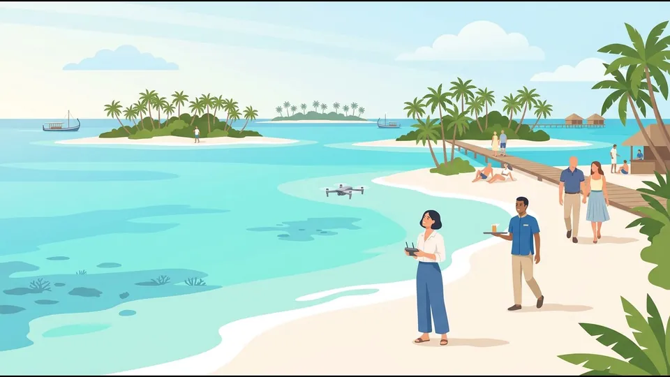 Ilustrace cestovatele, který řídí malý dron nad pláží palmového ostrova