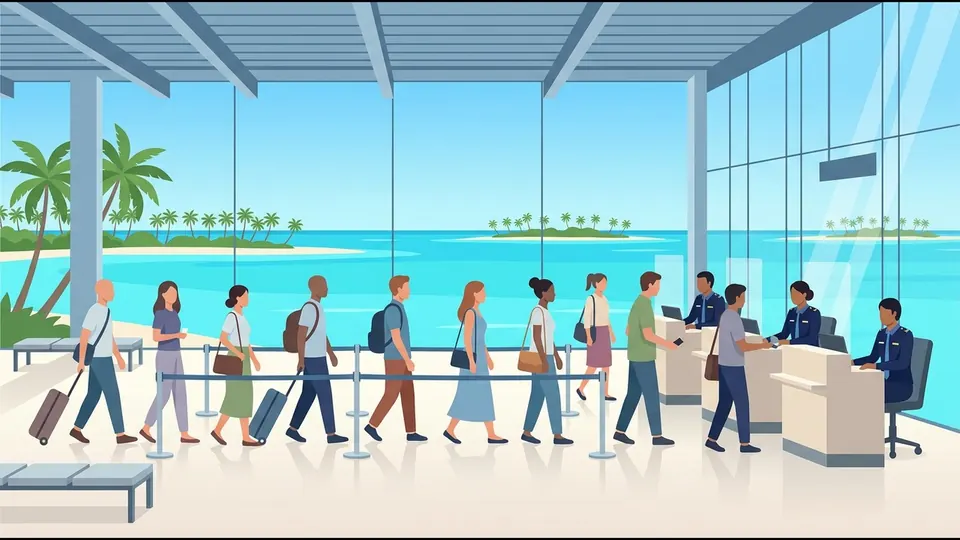 Illustration of travellers queuing calmly towards immigration booths in a bright airport hall