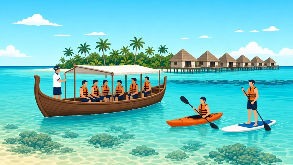 Gäste mit Schwimmwesten auf einem traditionellen Dhoni, daneben ein Kajakfahrer und eine Stand-up-Paddlerin mit Schwimmwesten