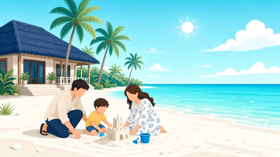 Parents and a small child building a sandcastle on the beach in front of their villa