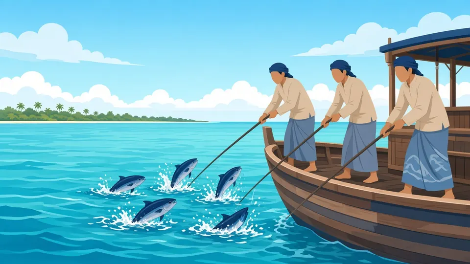 木造船の上で、漁師たちが竿と釣り糸でマグロを釣り上げている