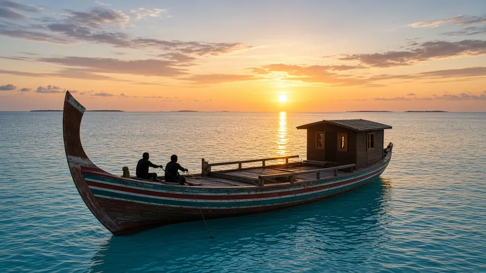 Un dhoni maldivien traditionnel au coucher du soleil, avec deux pêcheurs qui pêchent à la ligne depuis la proue